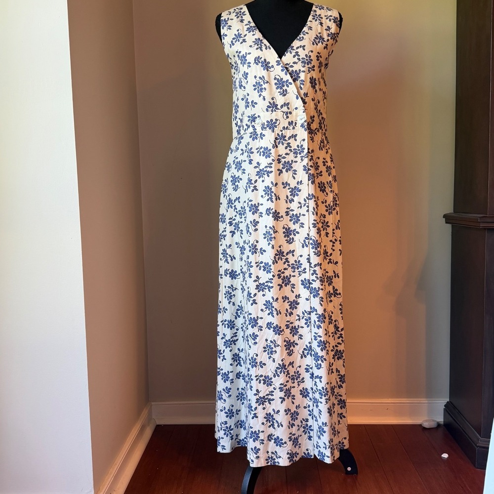 Woolrich Floral Maxi Dress Womens Small Blue White Sleeveless Faux Wrap A-Line